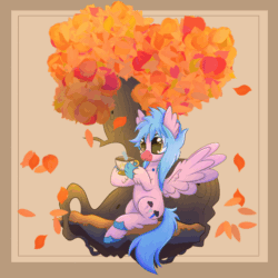 Size: 1200x1200 | Tagged: safe, artist:splashofsweet, oc, oc only, oc:cyclone stormchaser, hippogriff, g4, animated, autumn, commission, cute, featured image, gif, hippogriff oc, leaves, ocbetes, sitting, smiling, solo, spread wings, sweet dreams fuel, tree, wings, ych result