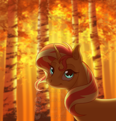 Size: 1838x1918 | Tagged: safe, artist:lilafly, sunset shimmer, pony, unicorn, g4, autumn, female, food, forest, mare, orange, solo, watermark