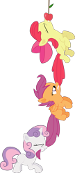 Size: 2000x4641 | Tagged: safe, artist:frownfactory, apple bloom, scootaloo, sweetie belle, earth pony, pegasus, pony, unicorn, family appreciation day, g4, apple, biting, blank flank, bow, cutie mark crusaders, eyes closed, female, filly, foal, food, gritted teeth, high res, horn, simple background, tail, tail bite, tail pull, transparent background, vector, wings
