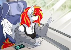 Size: 3507x2481 | Tagged: safe, artist:arctic-fox, oc, oc only, oc:diamond sun, pegasus, anthro, breasts, cellphone, cleavage, clothes, earbuds, eyebrows, eyebrows visible through hair, female, heart, high res, mare, music, phone, smartphone, solo, tank top, train, white fur
