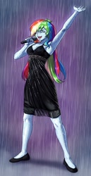 Size: 1310x2535 | Tagged: safe, artist:nairdags, rainbow dash, equestria girls, bare shoulders, black dress, breasts, clothes, commissioner:ajnrules, dress, female, flats, little black dress, microphone, rain, rainbow dash always dresses in style, shoes, singing, sleeveless, solo, wet, wet clothes, wet dress