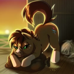 Size: 2000x2000 | Tagged: safe, artist:thechris, oc, oc only, earth pony, pony, advertisement, butt, coat markings, commission, cute, face down ass up, female, freckles, green eyes, high res, hooves, jack-o challenge, lidded eyes, looking at you, meme, plot, raised tail, simple background, sky, smiling, smirk, socks (coat markings), solo, tail, ych example, ych result, ych sketch, your character here