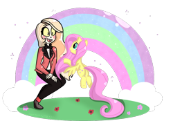 Size: 800x600 | Tagged: safe, artist:queenbluestar, fluttershy, demon, pegasus, pony, g4, blushing, bowtie, charlie magne, clothes, crossed arms, duo, female, flower, hazbin hotel, hellaverse, hellborn, inside of every demon is a rainbow, long mane, open mouth, princess, princess of hell, rainbow, simple background, smiling, standing, standing on one leg, suit, that's entertainment, transparent background, tuxedo, yellow sclera