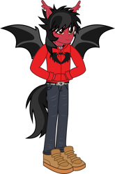 Size: 1900x2889 | Tagged: safe, artist:lightningbolt, derpibooru exclusive, human, equestria girls, g4, .svg available, bat wings, belt, clandestine industries, clothes, ear fluff, equestria girls-ified, eyeliner, fall out boy, hand in pocket, happy, hoodie, humanized, jeans, jewelry, makeup, male, necklace, pants, pete wentz, ponied up, shirt, shoes, show accurate, simple background, smiling, solo, spread wings, standing, svg, tail, tailed humanization, transparent background, undershirt, vector, wings