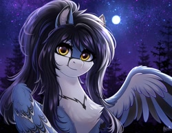 Size: 3000x2310 | Tagged: safe, artist:hakaina, oc, oc only, pegasus, pony, chest fluff, forest, high res, moon, sky, solo, stars