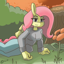 Size: 1280x1280 | Tagged: safe, artist:genericmlp, fluttershy, anthro, g4, clothes, pants, solo, sweater