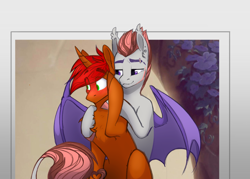 Size: 2048x1469 | Tagged: safe, artist:alrumoon_art, oc, oc only, oc:alraune evers, oc:rayven, bat pony, pony, unicorn, blushing, chest fluff, duo, embarrassed, gay, hug, hug from behind, male