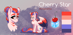 Size: 2551x1249 | Tagged: safe, artist:alrumoon_art, oc, oc only, oc:cherry star, pegasus, pony, abstract background, reference sheet, solo