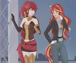 Size: 1024x847 | Tagged: safe, artist:seshirukun, sunset shimmer, human, fanfic:sapr, equestria girls, g4, bare shoulders, breasts, cleavage, clothes, crossover, duo, evening gloves, female, gloves, jacket, jeans, leather jacket, long gloves, pants, ponied up, pyrrha, rwby, sleeveless, strapless