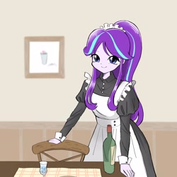 Size: 3000x3000 | Tagged: dead source, safe, artist:kurumilaa, starlight glimmer, equestria girls, g4, alternate hairstyle, bottle, clothes, cute, eye clipping through hair, eyebrows, eyebrows visible through hair, female, glimmerbetes, high res, looking at you, maid, smiling, smiling at you, solo, table, wine bottle