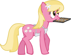 Size: 694x541 | Tagged: safe, artist:azgchip, lily, lily valley, earth pony, pony, g4, apron, clothes, cookie, female, food, mouth hold, simple background, solo, transparent background
