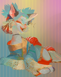 Size: 3000x3800 | Tagged: safe, artist:yanisfucker, oc, oc only, pony, unicorn, abstract background, clothes, fangs, female, fishnet stockings, food, high res, jewelry, kimono (clothing), looking at you, mare, pigtails, ponies eating meat, ponies eating seafood, seafood, sushi