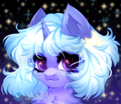 Size: 784x672 | Tagged: safe, artist:cabbage-arts, oc, oc only, oc:tsuki candy, pony, unicorn, bust, chest fluff, eyebrows, eyebrows visible through hair, female, freckles, horn, mare, portrait, solo, stars, unicorn oc