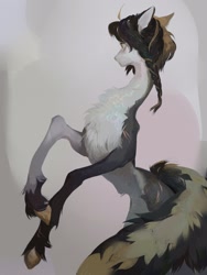 Size: 1620x2160 | Tagged: safe, artist:yanisfucker, oc, oc only, pony, abstract background, belly, chest fluff, countershading, female, long legs, long tail, mare, on hind legs, solo, tail, thin, unshorn fetlocks
