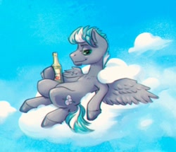 Size: 779x670 | Tagged: safe, artist:kovoranu, oc, oc only, pegasus, pony, bottle, cloud, colored hooves, lidded eyes, male, relaxing, solo, spread wings, stallion, wings
