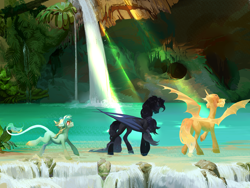 Size: 4000x3000 | Tagged: safe, artist:yanisfucker, oc, oc only, alicorn, bat pony, bat pony alicorn, bat pony unicorn, earth pony, hybrid, pony, unicorn, bat pony oc, bat wings, braid, caves, forest, horn, lake, leonine tail, ponytail, scenery, smiling, spread wings, trio, water, waterfall, wings