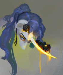 Size: 2950x3500 | Tagged: safe, artist:yanisfucker, oc, oc only, pony, unicorn, abstract background, curved horn, dripping, female, flower, flower in hair, glare, glowing, glowing horn, high res, horn, mare, ponytail, solo