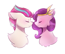 Size: 1208x1000 | Tagged: safe, artist:whippyberry, pipp petals, zipp storm, pegasus, pony, g5, my little pony: a new generation, blushing, boop, bust, chest fluff, duo, duo female, eyes closed, female, jewelry, mare, noseboop, regalia, siblings, simple background, sisters, tiara, white background