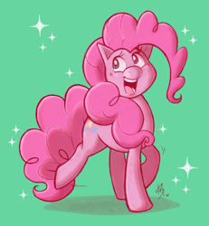 Size: 1692x1828 | Tagged: safe, artist:saggiemimms, pinkie pie, earth pony, pony, g4, female, looking up, mare, open mouth, simple background, solo, sparkles