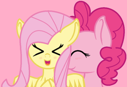Size: 750x516 | Tagged: safe, artist:jadeharmony, fluttershy, pinkie pie, earth pony, pegasus, pony, g4, base used, cute, duo, eyes closed, female, lesbian, pink background, ship:flutterpie, shipping, simple background