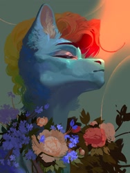 Size: 1620x2160 | Tagged: safe, artist:yanisfucker, rainbow dash, pony, g4, abstract background, alternate hairstyle, bust, eyes closed, eyeshadow, female, flower, low angle, makeup, mare, portrait, solo