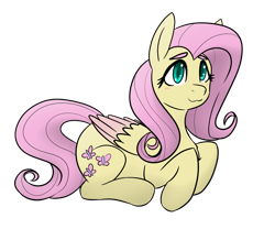 Size: 1280x1114 | Tagged: safe, artist:sunshmallow, fluttershy, pegasus, pony, g4, :3, blushing, colored wings, cute, eyebrows, female, folded wings, full body, lying down, mare, pink mane, pink tail, prone, shyabetes, simple background, smiling, solo, tail, teal eyes, transparent background, wings
