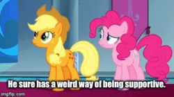 Size: 360x202 | Tagged: safe, screencap, applejack, pinkie pie, earth pony, pony, g4, season 9, the beginning of the end, animated, gif, imgflip, implied discord, text