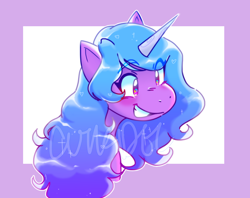 Size: 1126x891 | Tagged: safe, artist:cutieidel, izzy moonbow, pony, unicorn, g5, my little pony: a new generation, abstract background, blushing, bust, cute, eyebrows, eyebrows visible through hair, female, izzybetes, mare, smiling, solo, sparkles