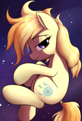 Size: 3000x4421 | Tagged: safe, artist:whiskeypanda, oc, oc only, oc:safe haven, earth pony, pony, cutie mark, earth pony oc, female, floating, hair, high res, looking at you, mare, smiling, smiling at you, solo, space, tail, yellow hair, yellow tail, zero gravity