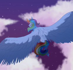 Size: 1280x1234 | Tagged: safe, artist:softiesuns, rainbow dash, pegasus, pony, g4, cloud, facing away, female, flying, from above, night, sky, solo, spread wings, stars, tongue out, wings