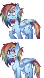 Size: 626x1113 | Tagged: safe, artist:inxinfate, rainbow dash, pegasus, pony, g4, chest fluff, female, folded wings, mare, multicolored hair, multicolored mane, open mouth, open smile, rainbow hair, rainbow tail, raised hoof, scared, simple background, smiling, solo, standing, tail, white background, wings