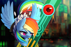 Size: 3000x2000 | Tagged: safe, artist:thebatfang, rainbow dash, pegasus, pony, g4, cloudbank, crossover, female, flying, high res, looking at someone, mare, multicolored hair, purple eyes, rainbow hair, rainbow tail, solo, spread wings, sword, tail, transistor, video game crossover, weapon, wings