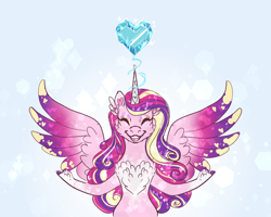 Size: 1500x1200 | Tagged: safe, artist:miyathegoldenflower, princess cadance, alicorn, pony, g4, chest fluff, crystal heart, eyes closed, female, mare, solo, spread wings, wings
