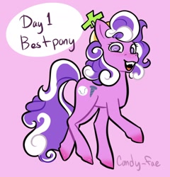 Size: 1804x1878 | Tagged: safe, artist:carconutty, screwball, earth pony, pony, g4, best pony, colored hooves, curly hair, fangs, female, hat, pink background, propeller hat, simple background, solo, swirly eyes