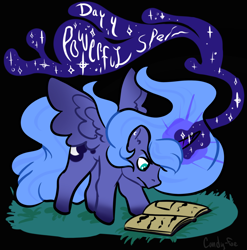 Size: 2020x2048 | Tagged: safe, artist:carconutty, princess luna, alicorn, pony, g4, book, colored hooves, female, glowing, glowing horn, grass, high res, horn, magic, nightmare luna, ponytober, s1 luna, simple background, solo, spread wings, text, wings