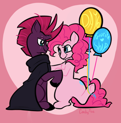 Size: 2020x2048 | Tagged: safe, artist:carconutty, pinkie pie, tempest shadow, earth pony, pony, unicorn, g4, balloon, broken horn, duo, female, heart, heart background, high res, horn, inktober, lesbian, mare, shipping, smiling, tempestpie