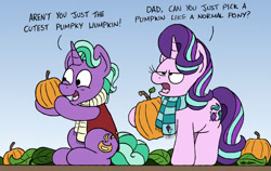 Size: 1024x647 | Tagged: safe, artist:bobthedalek, firelight, starlight glimmer, pony, unicorn, g4, clothes, father and child, father and daughter, fathers gonna father, female, male, pumpkin, pumpky wumpkin, scarf, stallion, starlight glimmer is not amused, unamused