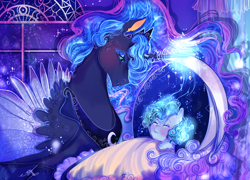 Size: 1500x1080 | Tagged: safe, artist:bunnari, princess luna, oc, pony, unicorn, g4, cot, duo, eyeshadow, female, filly, glowing, glowing horn, horn, indoors, magic, makeup, mare