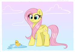 Size: 4776x3339 | Tagged: safe, artist:kittyrosie, fluttershy, bird, duck, pegasus, pony, g4, blushing, cute, female, mare, puddle, redraw, shyabetes, smiling, solo, wet, wet mane