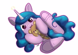 Size: 4096x2892 | Tagged: safe, artist:playful wings, izzy moonbow, pony, unicorn, g5, my little pony: a new generation, open mouth, plushie, solo, teddy bear