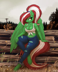 Size: 3232x4000 | Tagged: safe, artist:lightly-san, oc, oc only, oc:spring wind, pegasus, anthro, unguligrade anthro, autumn, belly button, big breasts, breasts, cleavage, clothes, female, jeans, log, pants, pegasus oc, power line, ripped jeans, ripped pants, solo, torn clothes, wings