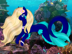 Size: 960x720 | Tagged: safe, artist:madlilon2051, oc, oc only, merpony, seapony (g4), blue eyes, coral, dorsal fin, fins, fish tail, flower, flower in hair, flowing mane, flowing tail, jewelry, looking at you, necklace, ocean, pearl necklace, photo, seashell necklace, seaweed, solo, swimming, tail, underwater, water, yellow mane