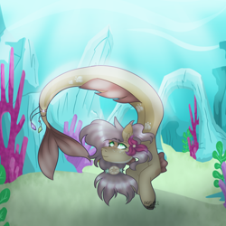 Size: 1000x1000 | Tagged: safe, artist:mooshoo-art, oc, oc only, merpony, seapony (g4), coral, crepuscular rays, dorsal fin, ear fluff, female, fins, fish tail, flower, flowing tail, gem, green eyes, ocean, seaweed, signature, smiling, solo, sunlight, swimming, tail, underwater, water
