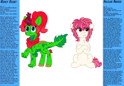 Size: 2739x1908 | Tagged: safe, artist:pink-pone, oc, oc:delilah breeze, oc:mercy heart, dragon, earth pony, hybrid, kirin, pony, character bio, character profile, crossed arms, duo, female, fins, looking away, scales, scowl, simple background, transparent background, water dragon