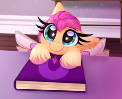 Size: 1946x1578 | Tagged: safe, artist:lbrcloud, sunny starscout, earth pony, pony, g5, book, cute, fake wings, female, filly, filly sunny starscout, hooves on the table, long eyelashes, looking at you, looking up, looking up at you, ponytober, solo, starry eyes, sunnybetes, weapons-grade cute, wingding eyes