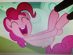 Size: 4032x3024 | Tagged: safe, screencap, pinkie pie, earth pony, pony, g4, cute, eyes closed, fingers, hoof tickling, laughing, open mouth, photo, tickling