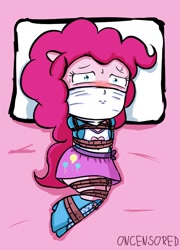 Size: 1063x1476 | Tagged: safe, artist:crisverde, pinkie pie, equestria girls, g4, arm behind back, bdsm, big hair, blushing, bondage, bound, bound and gagged, chibi, cloth gag, damsel in distress, female, floor, flushed face, gag, lying down, over the nose gag, peril, pillow, ponied up, rope, rope bondage, solo, sweat, sweatdrops, tied legs, tied up, tiny pupils, worried