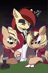 Size: 422x639 | Tagged: safe, artist:beardie, oc, oc only, oc:casino royale, oc:even split, oc:low roller, earth pony, pegasus, pony, brothers, cheating, female, male, siblings, twins