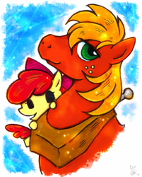 Size: 800x993 | Tagged: safe, artist:sechst_himmel, apple bloom, big macintosh, earth pony, pony, g4, brother and sister, female, filly, freckles, horse collar, male, pixiv, siblings, smiling, stallion