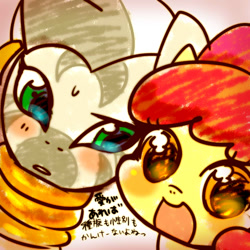 Size: 716x716 | Tagged: safe, artist:araraginatsuki, apple bloom, zecora, earth pony, pony, zebra, g4, blushing, female, filly, japanese, mare, translated in the comments